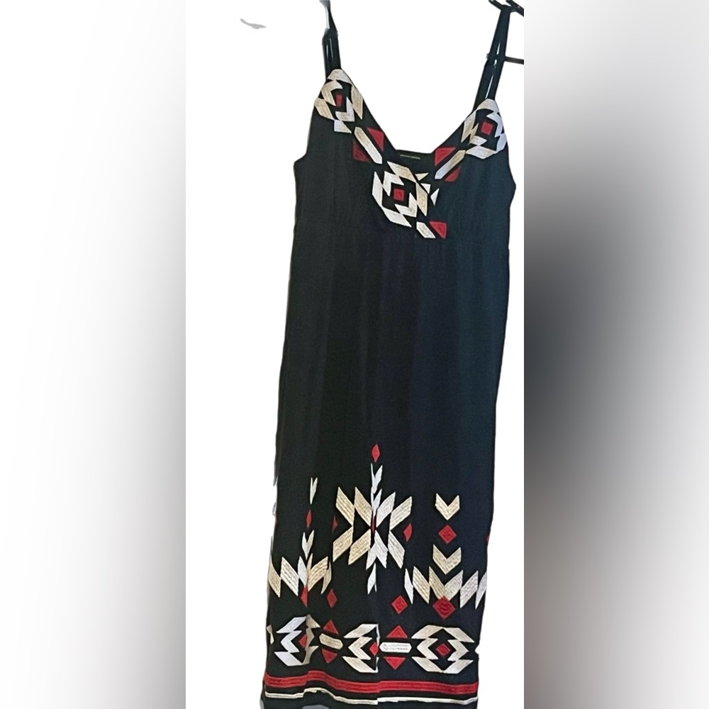 INC International Concepts Black Midi Dress with Red and White Geometric Design
